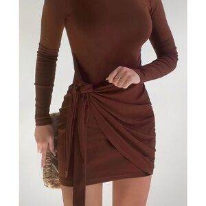 Marleen Mini Dress - Wrap Front Long Sleeve Bodycon Dress in Dark Oak